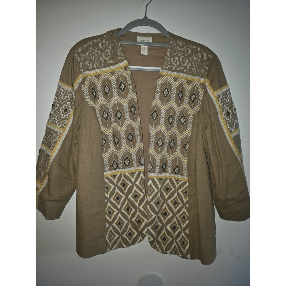 Chico's Embroidered Beaded Linen Blend 3/4 Sleeve Open Front Jacket  Sz 2 (12)